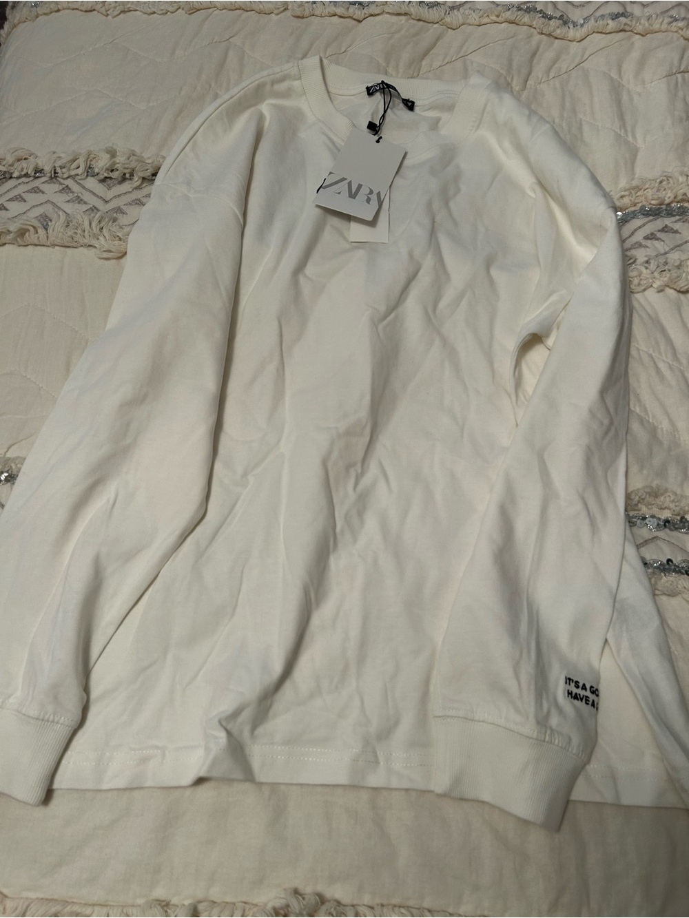 Zara Cream Long Sleeve Tee with Black Script
